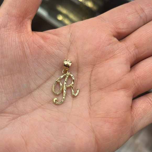 Real 10K Yellow Gold R initial Pendant Charm 1” inch
